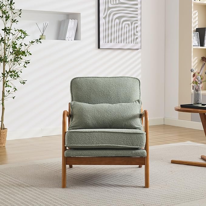 Mid-Century Accent Chair,Sherpa Fabric Lounge Chair with Wide Armrest,Sherpa Fabric Armchair with Lumbar Pillow & Solid Wood Frame for Living Room, Bedroom, Balcony (Green)
