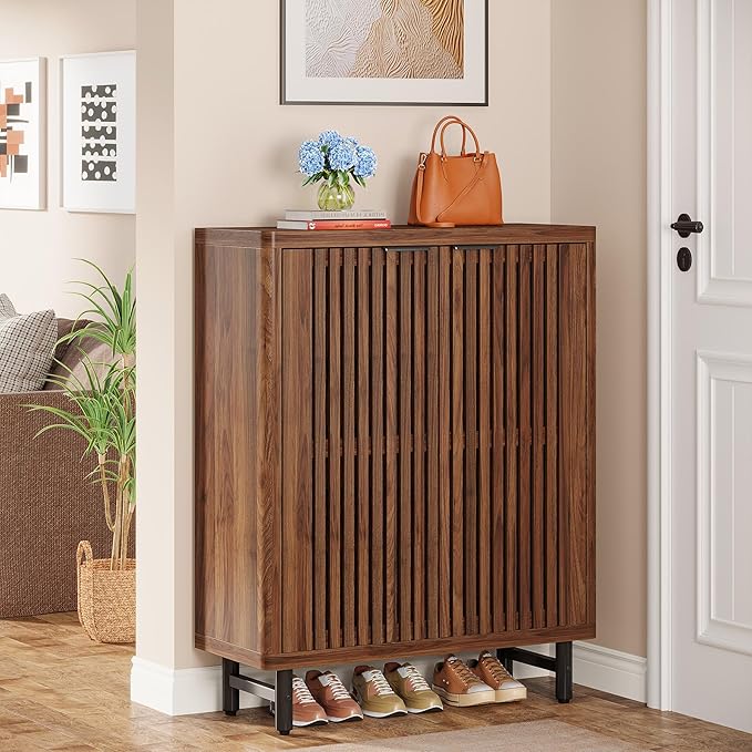 Tribesigns Shoe Cabinet with Shutter Doors, 6-Tier Entryway Shoe Cabinet with Adjustable Shelves, Wooden Modern Rack Organizer for Entryway, Hallway, Closet, Living Room, Walnut