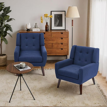 Accent Chairs Set of 2, Mid-Century Modern Upholstered Armchair, Comfy Fabric Living Room Chairs Reading Chairs with Button Tufted Back & Solid Wood Legs for Bedroom, Office, Blue