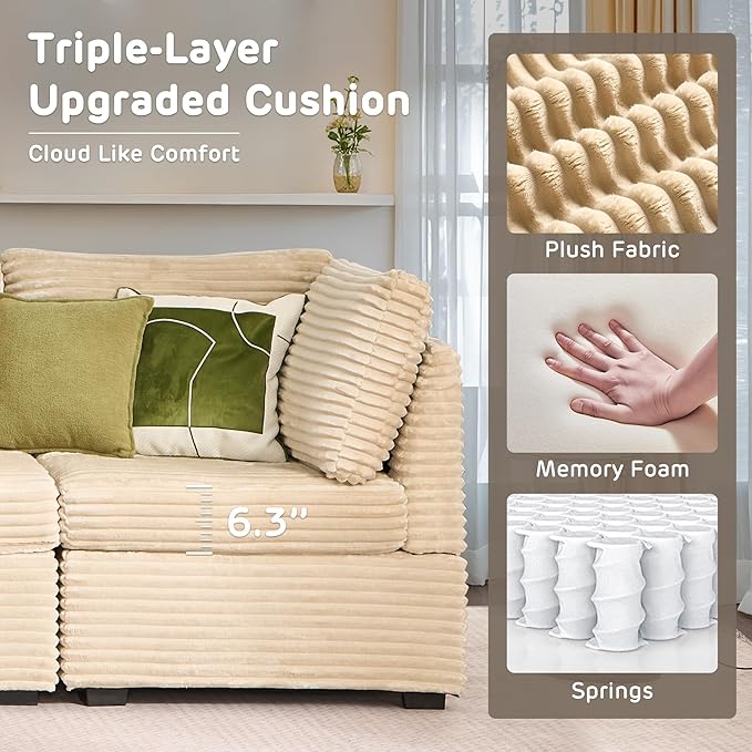 130'' Modern Modular Sectional Sofa with Movable Ottoman,5 Seats Cloud Comfort Corduroy Fluffy Couch,L Shaped Convertible Sofa Couch for Living Room,Beige