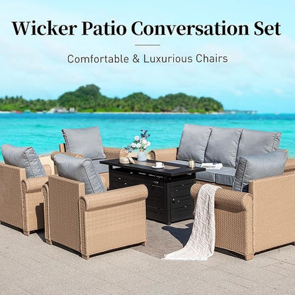 Patio Furniture Set 6 pcs, Wicker Rattan Outdoor Furniture with 5.5” Thick Cushions, 3-Seat Sofa, 4 Chairs and Coffee Table, Outdoor Conversation Set for Garden Backyard Deck, 7 Seats Grey