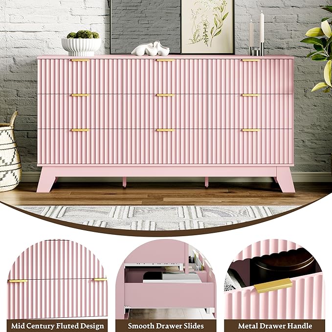 Fluted Dresser for Bedroom with 9 Drawers, 57" Pink Dressers & Chest of Drawers for Girls, Mid Century Modern Dresser of Closet TV Stand, Boho Wood Chests of Drawer for Living Room, Hallway, Pink