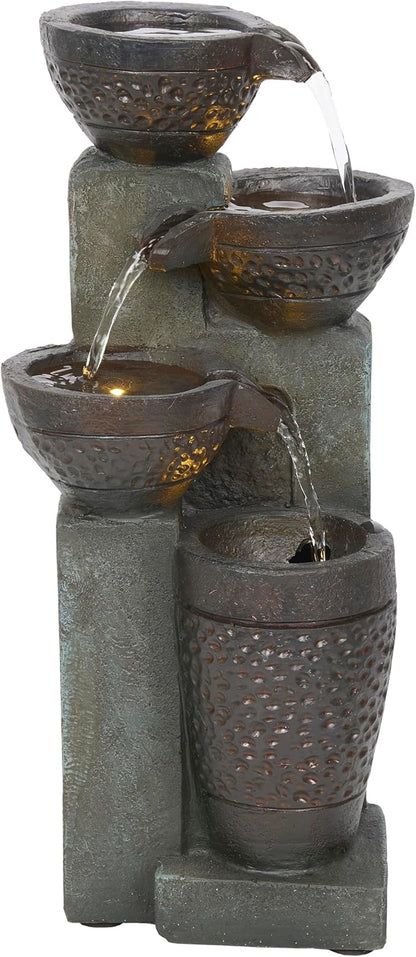 Alpine Corporation TZL412 14" Stoned Jar Cascading Water Fountain with LED Lights – Elegant Tabletop Water Feature for Home, Office, Living Room, Bedroom, and Desk Décor, Gray