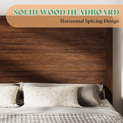 AMERLIFE 51.2" Full Size Wood Bed Frame, Rustic Platform Bed with Spliced Headboard, Wood Slats Support/No Box Spring Needed/Noiseless/Reclaimed Barnwood