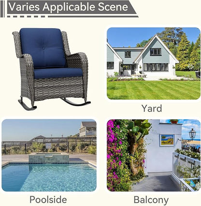 1 PC Outdoor Rocking Chair, Wicker Patio Rocker Chair for Yard, Porch, Mixed Brown Grey Rattan, Blue Cushions