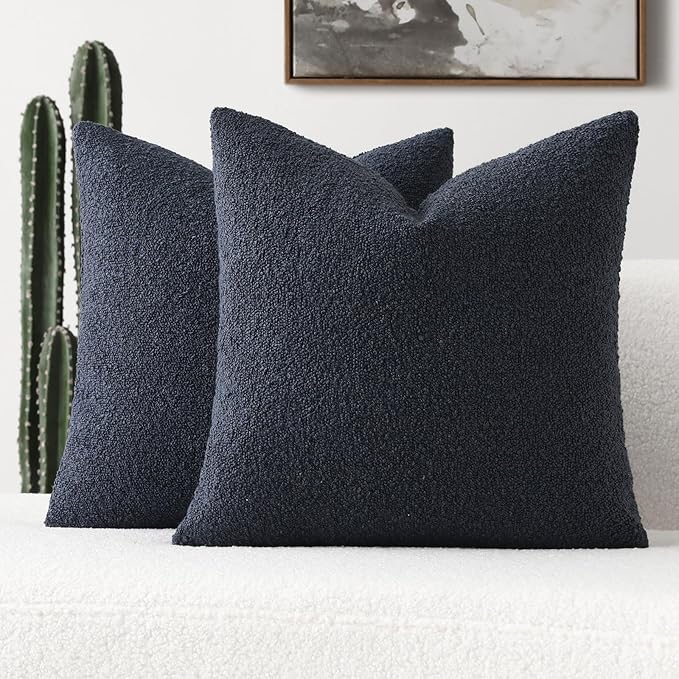 FUTEI Pack of 2 Navy Blue Decorative Throw Pillow Covers 22x22 Inch Soft Cozy Solid Boucle Textured Cushion Case,Modern Home Decor for Couch Bed Living Room