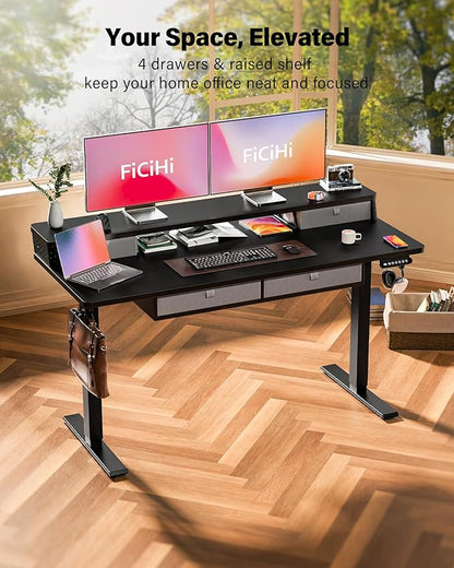 FiCiHi Adjustable Height Standing Desk with 4 Drawers,55 x 24 inches Electric Sit Stand Home Office Desk with Two Tiers, 3 Memory Presets, Monitor Stand Riser