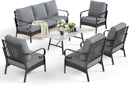 6 Piece Metal Outdoor Patio Furniture Sets, Patio Conversation Sets 1 3-Seater Sofa, 4 Single Sofa with 5.75" Extra Thick Cushion & Coffee Table, Black Frame Backyard Furniture, Gray