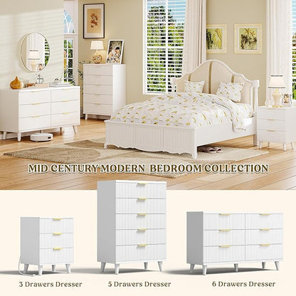 Lulive White Dresser for Bedroom Wood Dressers Chest of Drawers, Fluted 53.2" Wide Modern Long Dresser TV Stand 6 Drawers for Bedroom, Closet, Living Room, Hallway (White)