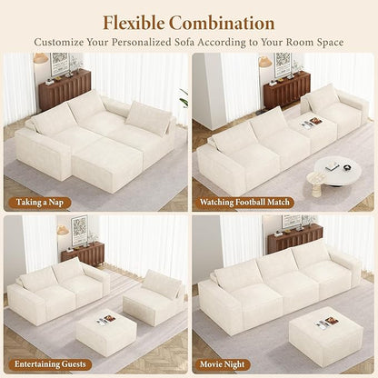 Vesgantti 114" Boneless Modular Sectional Sofa, Modern 3 Seater Couch with Ottoman & Deep Seat, Convertible Chenille L Shaped Cloud Couches for Living Room, No Assembly Required, Beige