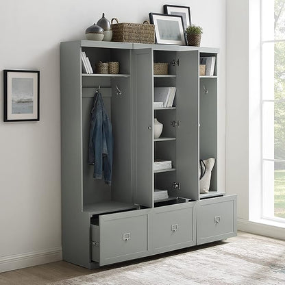 Crosley Furniture Harper 3-Piece Hall Tree and Storage Cabinet Set with Entryway Bench and Hooks for Hanging, Gray