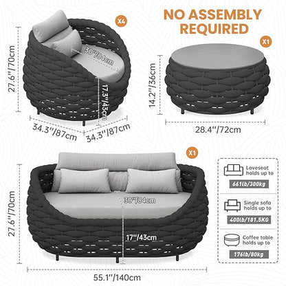 Aluminum Porch Outdoor Furniture Set: 6 Pieces Rope Patio Conversation Sofa Set - Modern Woven Deck Couch Set Cushioned - No Assembly All Weather Seating for 660lbs Yard Garden Lanai Hotel Pool