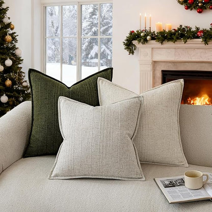 a moment Linen Pillow Covers Set of 2,Boho Farmhouse Throw Pillowcases Neutral Textured Decorative Covers for Couch Sofa, Soft Linen Blend Accent Case Cushion Christmas Home Decor 26"x26"Ivory