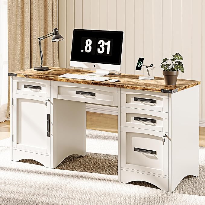 Farmhouse Executive Desk with Drawers, 55" Home Office Desks with Fast Charging Station, Lockable File Cabinet, Wood Writing Computer Desk for Work, Study, White