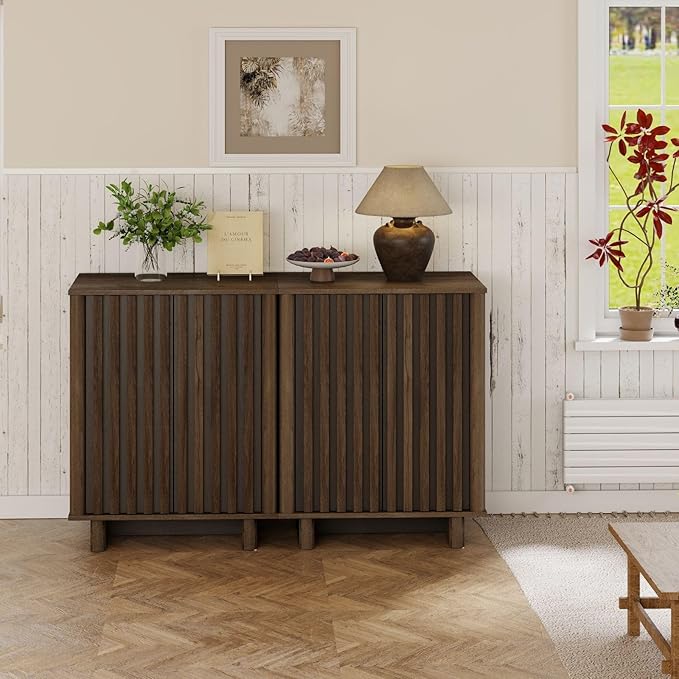 Walnut Storage Cabinet Set, Freestanding Floor Cabinet 23.6” Farmhouse Sideboard with 2 Fluted Doors Wooden Buffet Cabinet Media Console Table Credenza for Living Room Dining Room Hallway, Singe