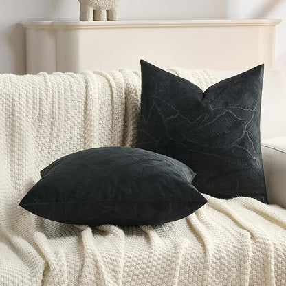 FUTEI Black Velvet Throw Pillow Covers 12x20 Inch Set of 2,Soft Embossed Leaf-Relief Textured Lumbar Pillow Cases,Natural Home Decor for Couch Living Room