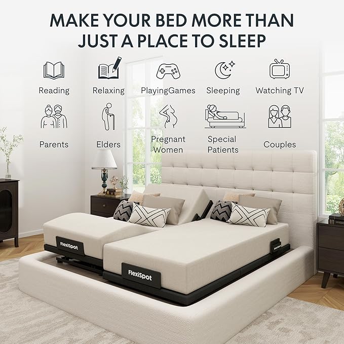 FLEXISPOT Adjustable Bed Frame Base Split King + 12" Cooling Gel Memory Foam Mattress, Massage, Head and Foot Incline, Zero Gravity, Zero Clearance, Under-Bed Lights, Anti-Snore, Wireless Remote
