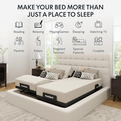 FLEXISPOT Adjustable Bed Frame Base Split King+12-inch Certipur-US Hybrid Mattress with Individual Pocket Spring, Quick Assembly, Massage, Zero Clearance, Whisper Quiet Durable Motor, Zero Gravity
