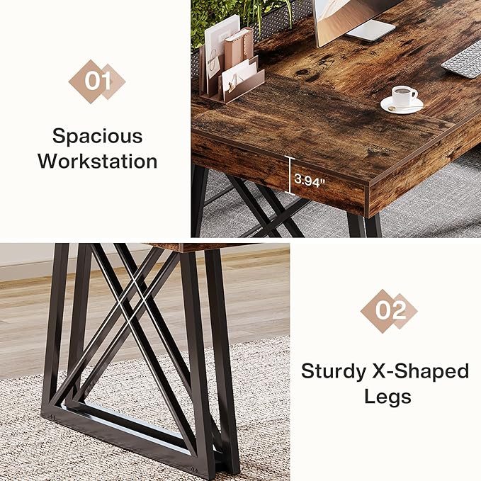 Tribesigns 63-Inch Executive Desk, Farmhouse Office Computer Desk with Sturdy X-Shaped Legs, Large Writing Table Business Furniture Workstation for Home Office, Study (Rustic Brown & Black)