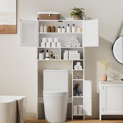 Homhedy Over The Toilet Storage Cabinet with 2 Barn Door and Toilet Paper Holder Stand, FreeStanding Toilet Shelf Space Saver, for Bathroom, Restroom, Laundry, White
