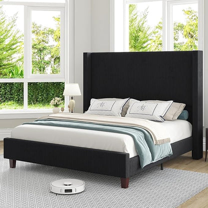 HOWE King Size 61" Corduroy Upholstered Bed Frame, Platform Bed with Vertical Stripe Wingback Headboard, No Box Spring Needed/Noise Free/Solid Wood Slats & Legs/Black