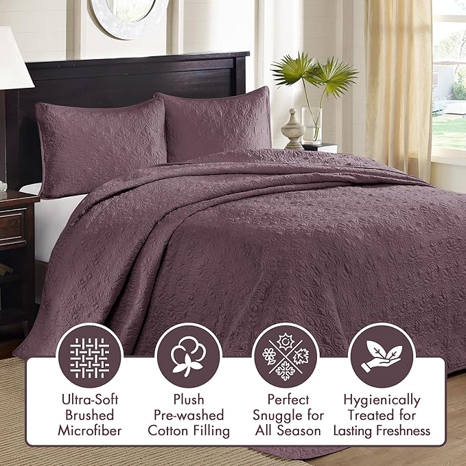 Madison Park Quebec Reversible Damask Design, Double Sided Quilting All Season, Lightweight Coverlet Bedspread Bedding Set, Matching Shams, King(120"x118"), Purple