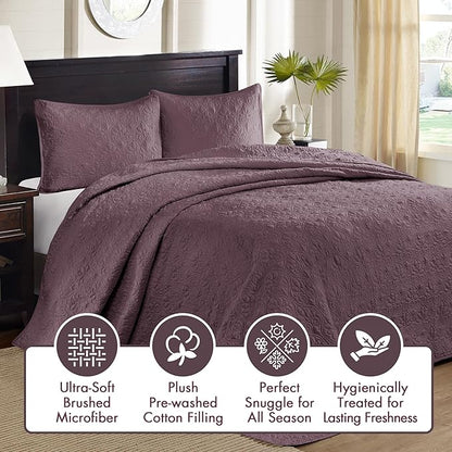 Madison Park Quebec Reversible Damask Design, Double Sided Quilting All Season, Lightweight Coverlet Bedspread Bedding Set, Matching Shams, King(120"x118"), Purple