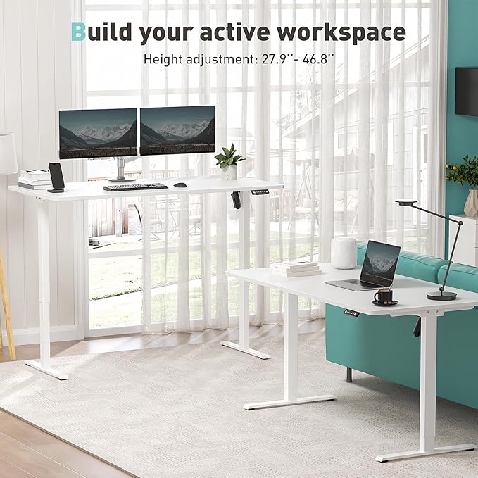 One-Piece Electric Standing Desk, 48 x 24 Inch Adjustable Height Sit to Stand Up Desk for Home Office, Work & Study, White Frame & White Desktop (2 Packages)