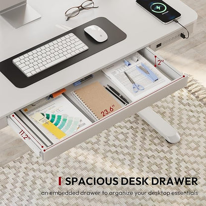 Standing Desk with Drawer, Electric Height Adjustable Home Office Desk with Storage & USB Ports, 48 inch White Wood Tabletop/White Frame