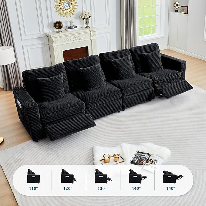 ORRD Power Reclining Sectional Sofa, Electric Loveseat Recliner with 2 Electric Footrest and Adjustable Headrest, Modern Plush Corduroy Fluffy Reclining Sectional with Deep Seat for Living Room-Black