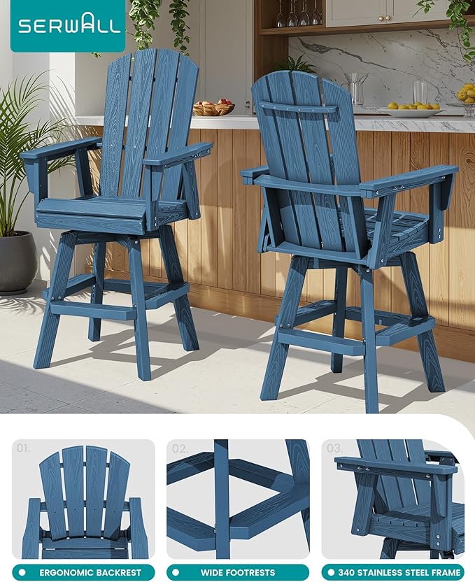 SERWALL 10-Piece Swivel Adirondack Bar Set, HDPE Swivel Bar Height Chairs Set of 8 with 2 Bar Tables, All-Weather Outdoor Barstools for Patio, Poolside, Garden, Blue