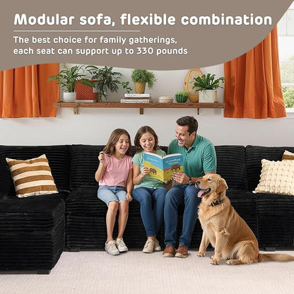 130'' Modern Modular Sectional Sofa with Movable Ottoman,5 Seats Cloud Comfort Corduroy Fluffy Couch,L Shaped Convertible Sofa Couch for Living Room,Black