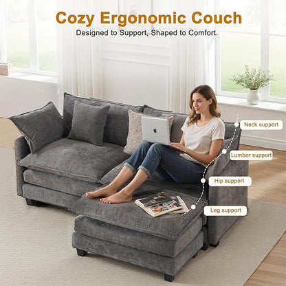 77" Cloud Chenille L-Shaped Sofa with Ottoman | Space-Saving Apartment Couch with 29.1" Deep Seat & Footrest | FSC Certified Solid Wood & Metal Frame | Easy Assembly & 1YR Guarantee