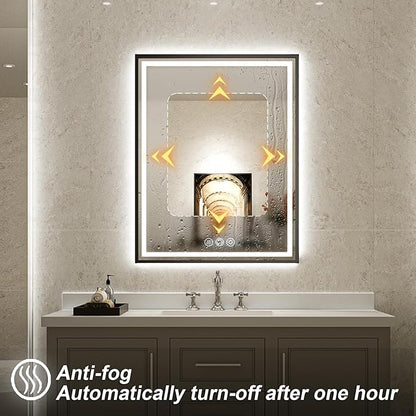 28X36 Inch Framed LED Lighted Bathroom Mirror,Backlit and Front Wall Mounted Black Metal Vanity Mirrors with Lights,Double LED Dimmable Illuminated & 3 Colors Temperature Anti-Fog Mirror