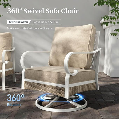 6 Piece Metal Outdoor Patio Furniture Set, Patio Conversation Set 1 3-Seater Sofa, 2 Fixed Sofa, 2 Swivel Chair with 5.75" Thick Cushion & Coffee Table White Backyard Furniture, Beige
