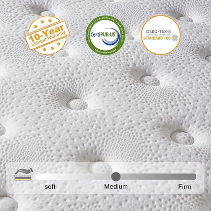 Full Size Mattress, 10 Inch Hybrid Mattress in a Box, Memory Foam and Individual Pocket Springs, Fiberglass Free, Soft and Breathable, Medium Firm Feel