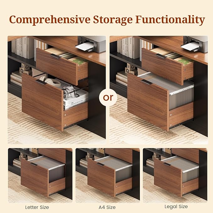 L Shaped Standing Desk Adjustable Height, 53" Electric Office Desk with File Drawers & Storage Shelves, Sit Stand Corner Computer Desk with Power Outlets, Pegboard, 6 Hooks, Black & Walnut