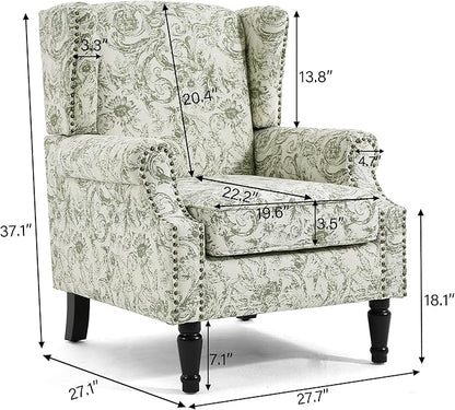 Wingback Accent Chairs Set of 2, High Back Upholstered Armchair, Printed Fabric Wingback Arms Chairs with Wood Legs, Single Sofa Reading Chair for Bedroom Living Room, Green Pattern