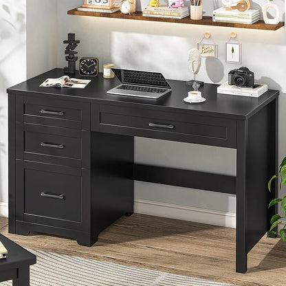 Vabches Farmhouse 47" Executive Desk with File Drawer, Wood Computer Desk with 3 Storage Drawers, Workstation for Home Office, Study, Writing.Black.