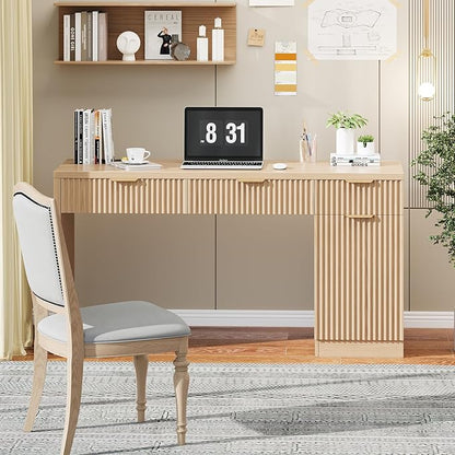 60" Executive Desk with Fluted Drawers, Wood Home Office Desk with Storage Cabinet, Charging Station, Fluted Computer Writing Desk for Study, Living Room.