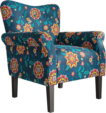 BELLEZE Modern Accent Chair for Living Room, High Back Linen Armchair with Wooden Legs, Upholstered Wingback Side Chair Padded Armrest Single Sofa for Living Room, Bedroom - Allston (Blue & Flower)