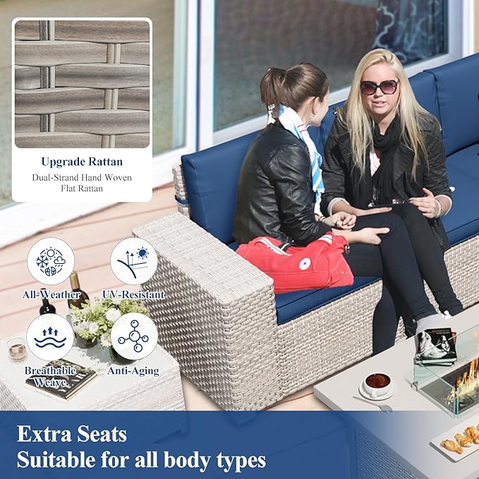 6-Piece Patio Furniture Set, Outdoor Extra Wide Armrest Modular Patio Sofa, Dual-Strand Rattan Wicker, Rust-Resistant Frame, Backyard High Back, Large Seat Furniture for Porch Garden Balcony, Blue
