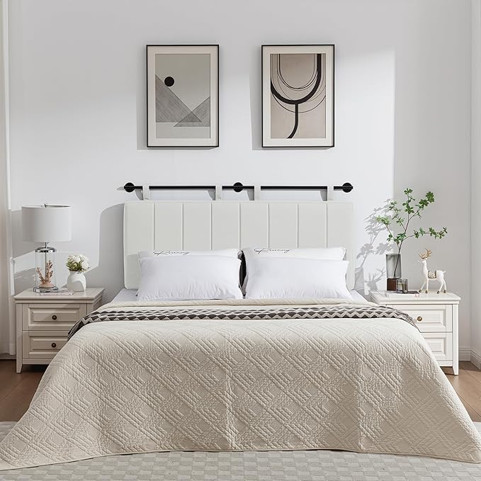 UEV Queen Headboard Only, Wall Mounted Hanging Upholstered Bed Head Board, Modern Vertical Channel Design of Fine Linen, Elegant Light Yellow Fluted Headboard for Bedroom (Light Yellow, Queen Size)