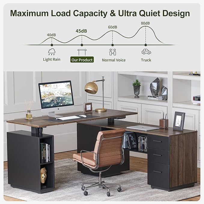 BANTI Executive L Shaped Standing Desk with 3-Drawer File Cabinet, 63" Electric Height Adjustable Stand up Desk for Home Office, Computer Desk with Storage Cabinets, Black Walnut Top