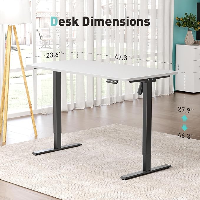 One-Piece Electric Standing Desk, 48 x 24 Inch Adjustable Height Sit to Stand Up Desk for Home Office, Work & Study, Black Frame & White Desktop (2 Packages)