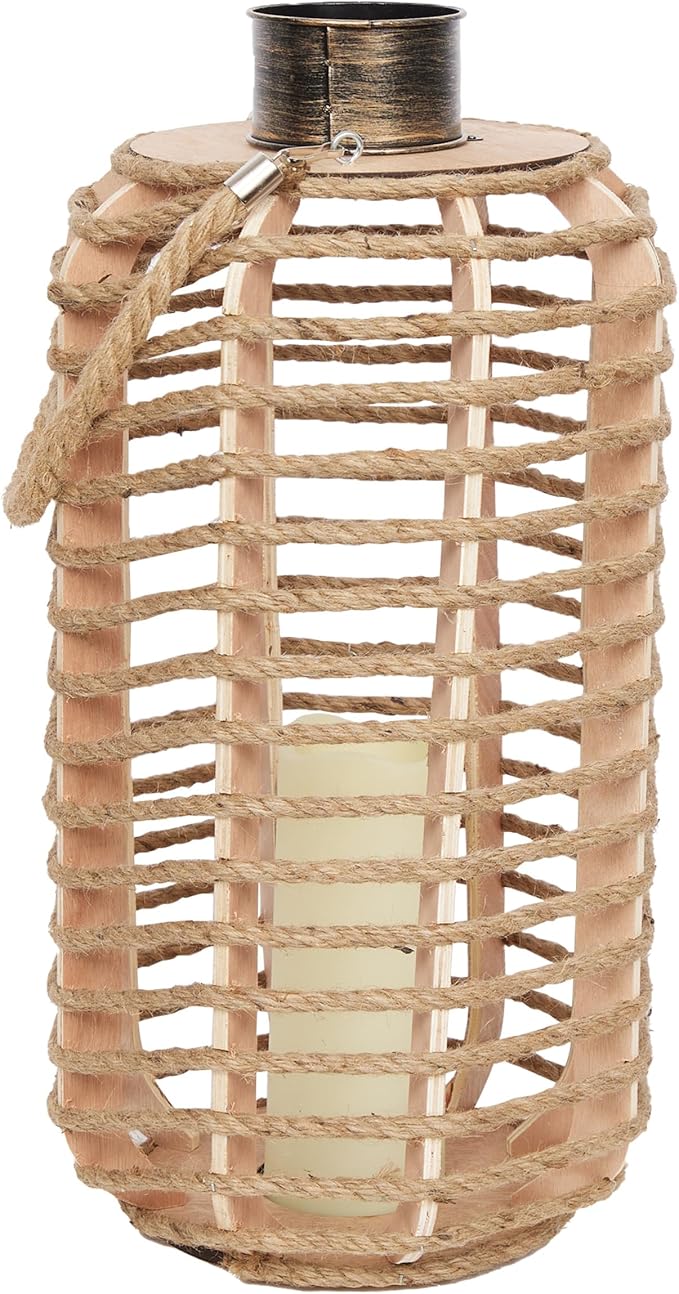 Alpine Corporation SKY392TM 28" H, Hemp Rope Wooden Lantern with Flickering LED Lights, Garden Decor for Patio, Lawn, and Yard