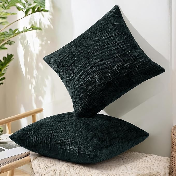 decorUhome Black Chenille Throw Pillow Covers 22x22 Set of 2 Thick Textured Slubby Couch Pillow Covers Farmhouse Accent Modern Neutral Decorative Pillow Cases for Bed Sofa Living Room
