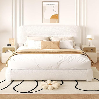 King Size Cloud Bed Frame, Upholstered Boucle Platform Bed with Adjustable Headboard, Anti-Collision Soft Rounded Corners, Noise Free, Easy Assembly, White