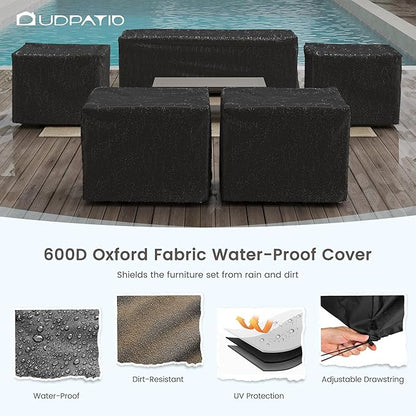 UDPATIO 6 Piece Aluminum Patio Furniture Set 7 Seats Modern Outdoor Furniture Faux Wood Grain Patio Conversation Sets with Olefin Fabric Thick Cushions, 600D Waterproof Cover Included, Light Grey