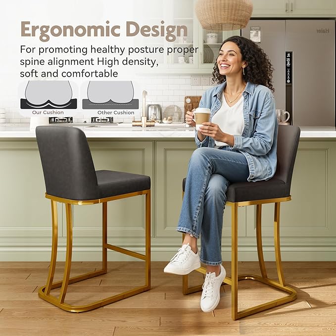 MAISON ARTS Counter Height Bar Stools with Back for Kitchen Counter, 24 Inch Modern Upholstered Faux Leather Barstools Farmhouse Bar Chairs Luxury Island Stools Support 330LBS, Grey & Gold